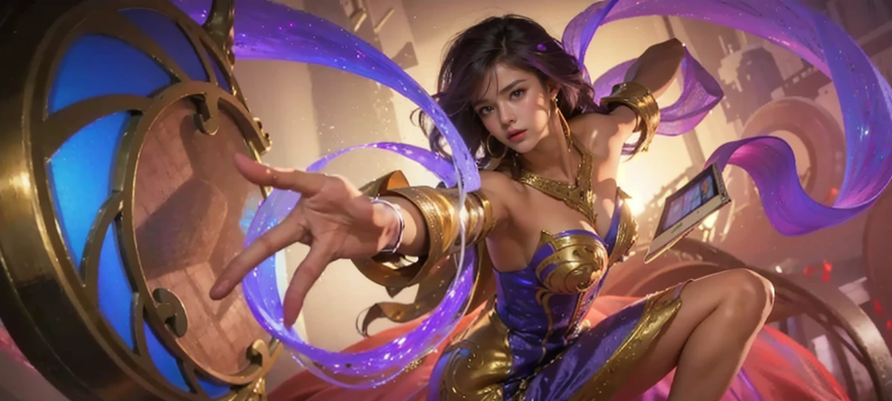 best quality,masterpiece,extremely detailed,high res,4k,ultra high res,detailed shadow,ultra realistic,realistic,dramatic lighting,1girl,solo,detailed face,realistic eyes,realistic skin,white dress,purple hair,dynamic pose, white lace dress