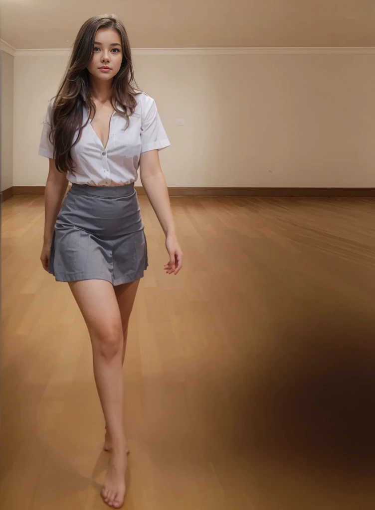 Girl walking barefoot, wearing white uniform shirt with open buttons, under is wearing grey mini skirt, red polished nails, wooden flooring,