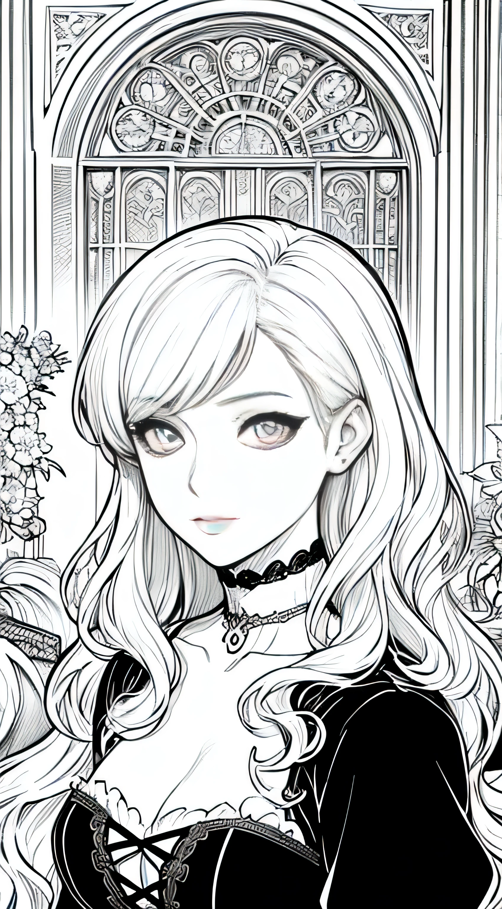 Black and white line art coloring page of a beautiful woman in the style of anime realism, wavy hair and perfect slim fit body, masterpiece digital art with gothic animecore influence, berry, vibrant, living room, highly detailed gothic style background, eye-catching composition, artgerm, milo manara, sharp focus, portrait