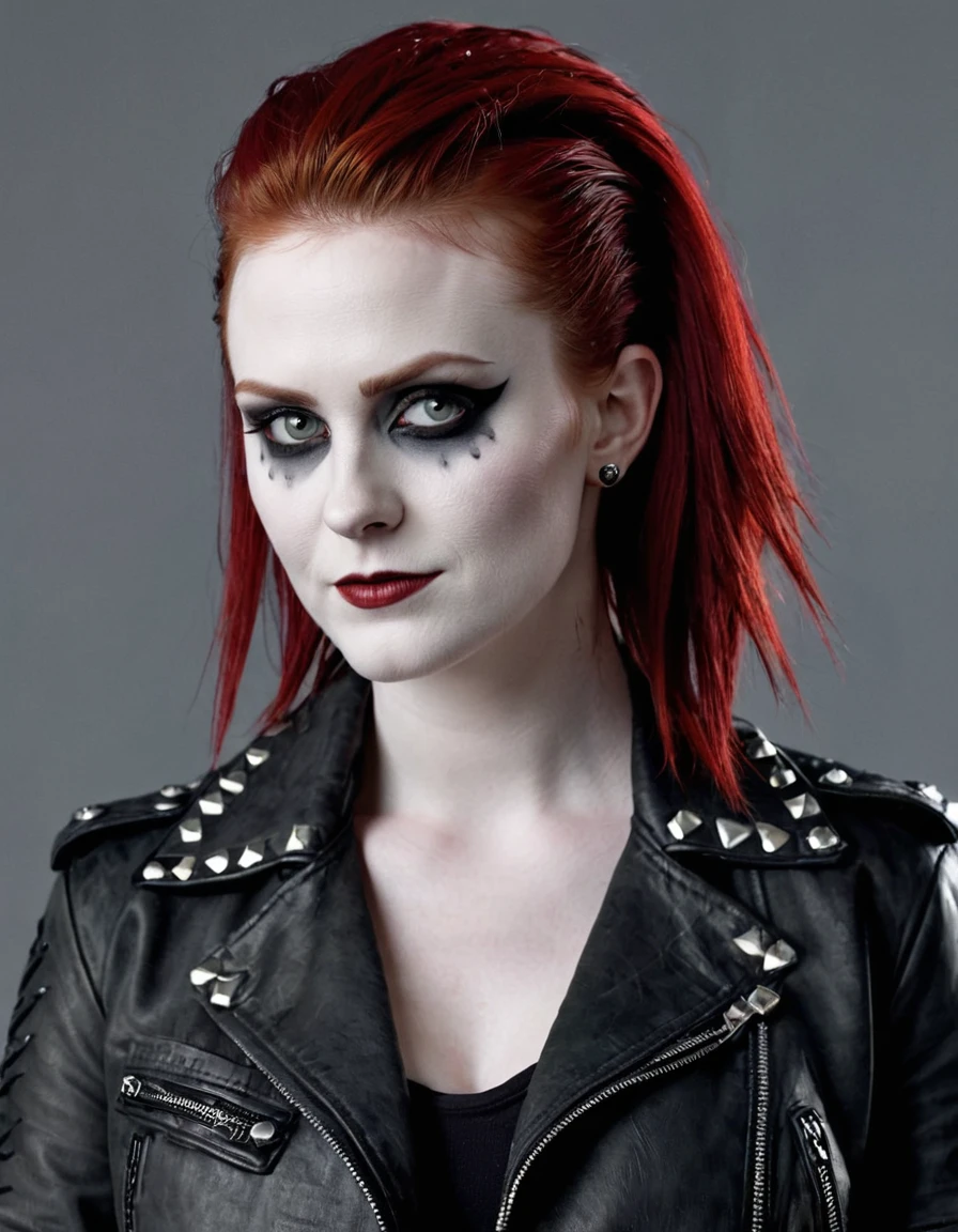 a female character, "Chelsea cut" hairstyle, red colored hair. The background is greyish white. The character's face is confident, with pale skin and corpse paint. She wears a dark-colored leather jacket with studs. 