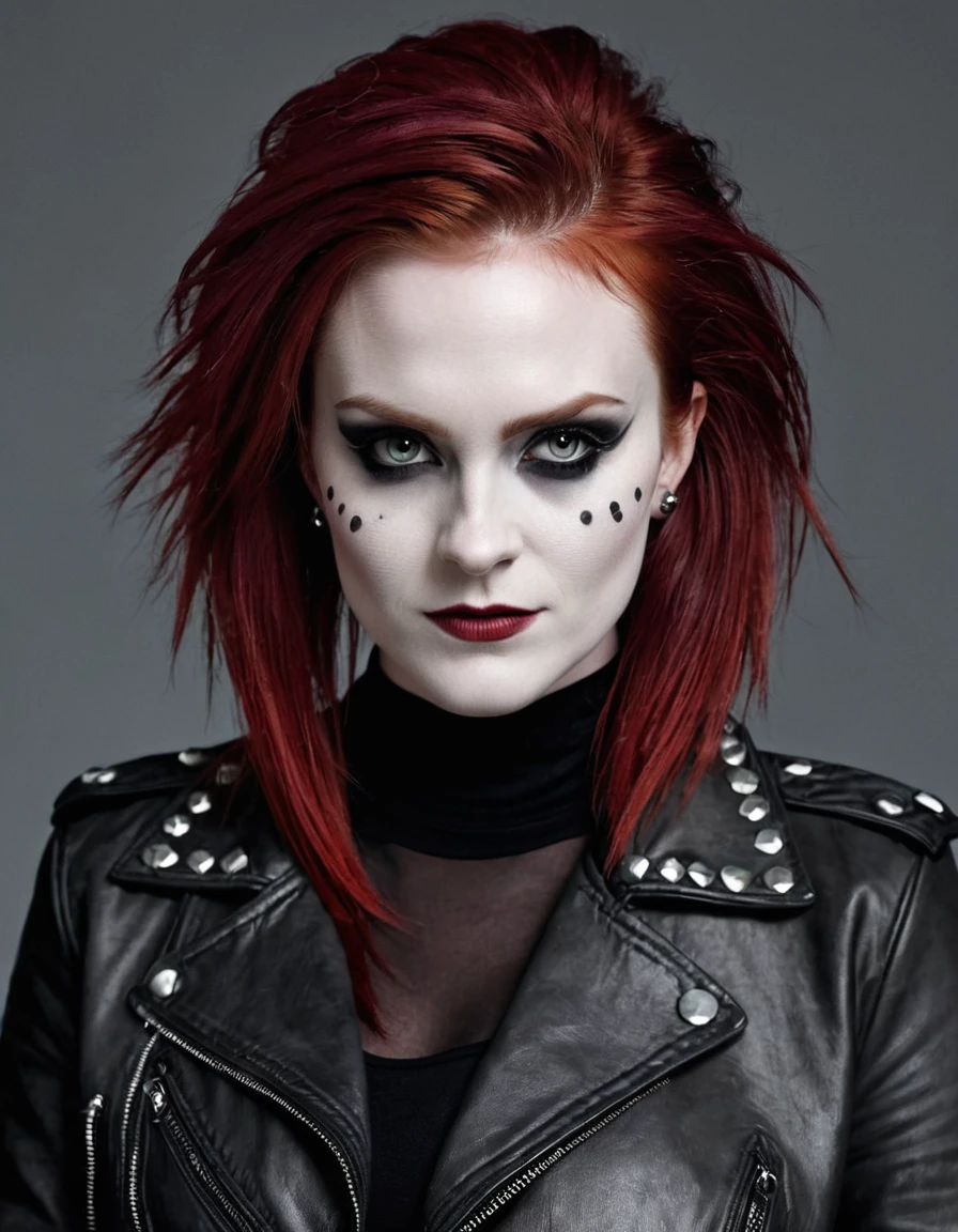 a female character, "Chelsea cut" hairstyle, red colored hair. The background is greyish white. The character's face is confident, with pale skin and corpse paint. She wears a dark-colored leather jacket with studs. 