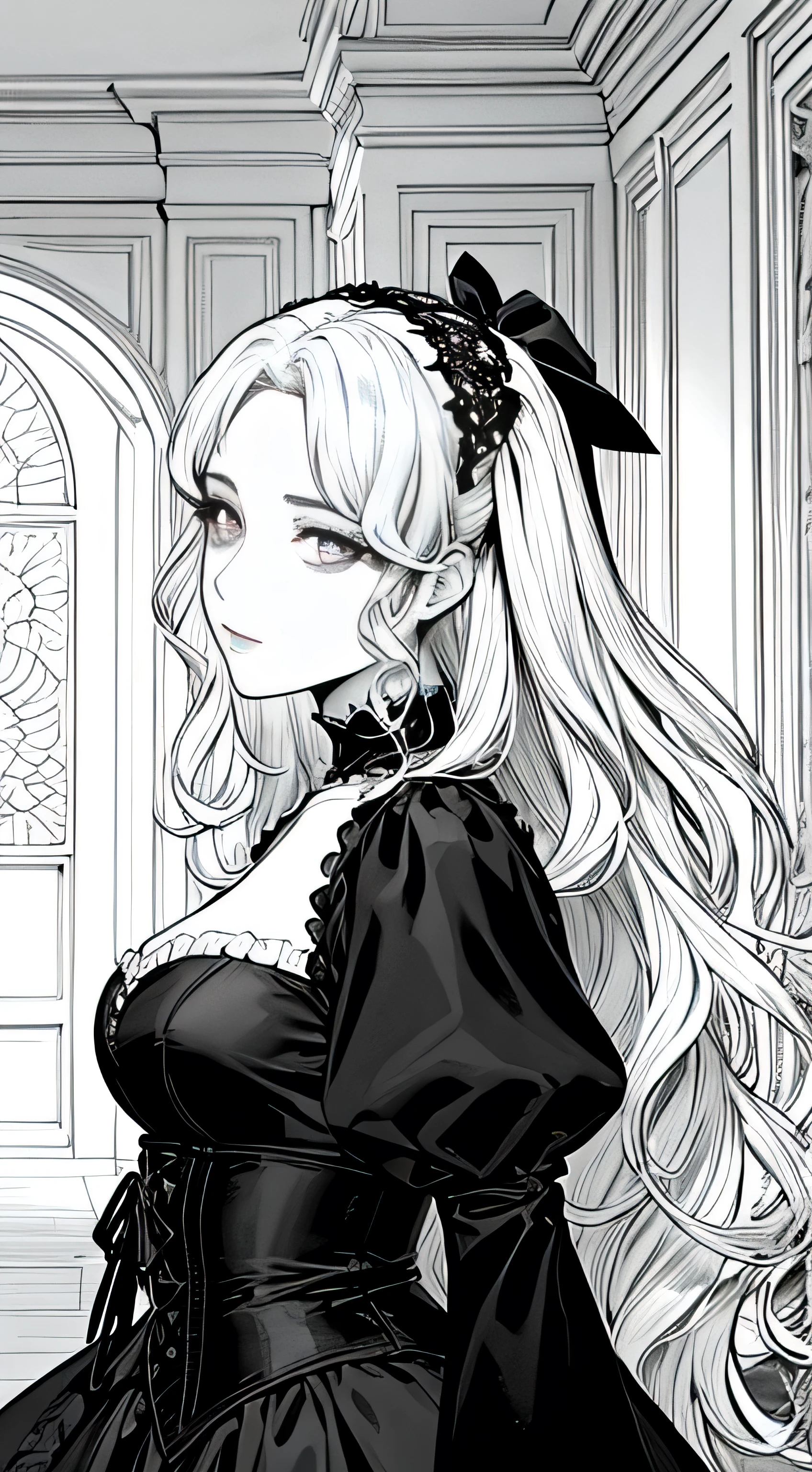 Black and white line art coloring page of a beautiful woman in the style of anime realism, wavy hair and perfect slim fit body, masterpiece digital art with gothic animecore influence, berry, vibrant, living room, highly detailed gothic style background, eye-catching composition, artgerm, milo manara, sharp focus, portrait