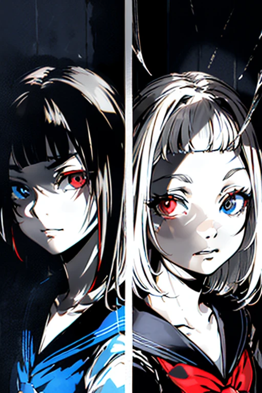 v5lcn style, Black and Red,One Girl,(short hair),Highly detailed eyes,Highly detailed face,Very fine hair,8k,masterpiece,Highest quality,(Left and right split theme:0.7),Without gaps,Heterochromia iridis,2 tone hair:1.2,(Chiaroscuro:1.2),(On the left are black hair and red eyes,On the right are white hair and blue eyes:1.2),(Sailor suit:1.2),The face is clean,Eyes shining in the shadows,(vulcan style:1.2)