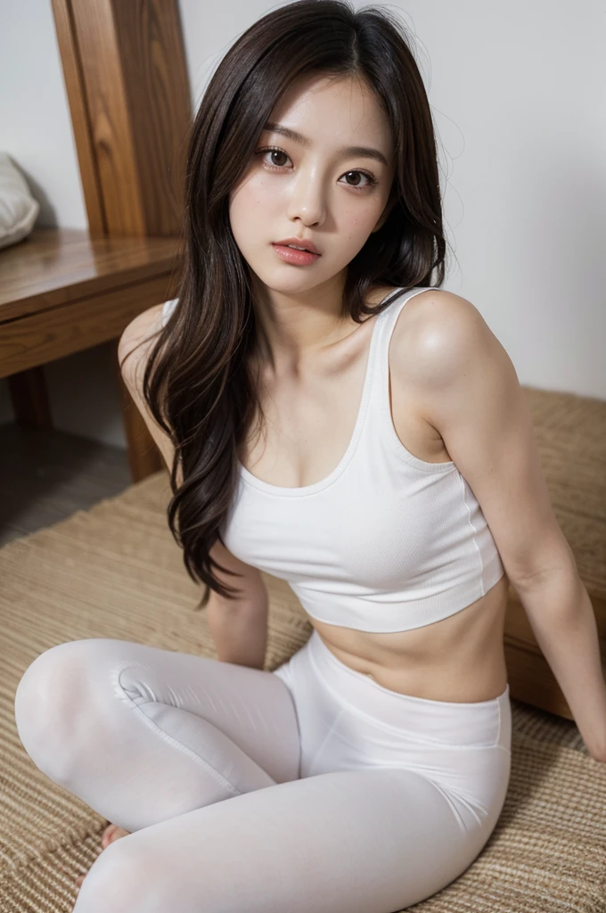 ((Highest quality)), ((masterpiece)), (detailed), Perfect face masutepiece, Best Quality, Illustration, Ultra-detailed, finely detail, hight resolution, 8K Wallpaper, Perfect dynamic composition, Beautiful detailed eyes,Medium Hair,Small breasts 、natural color lip, Bold sexy poses,20 years girl、Cute、Sexy shot looking at camera、wide angle、full BODY、taking off clothes、beach、tank top、leggings、White yoga wear