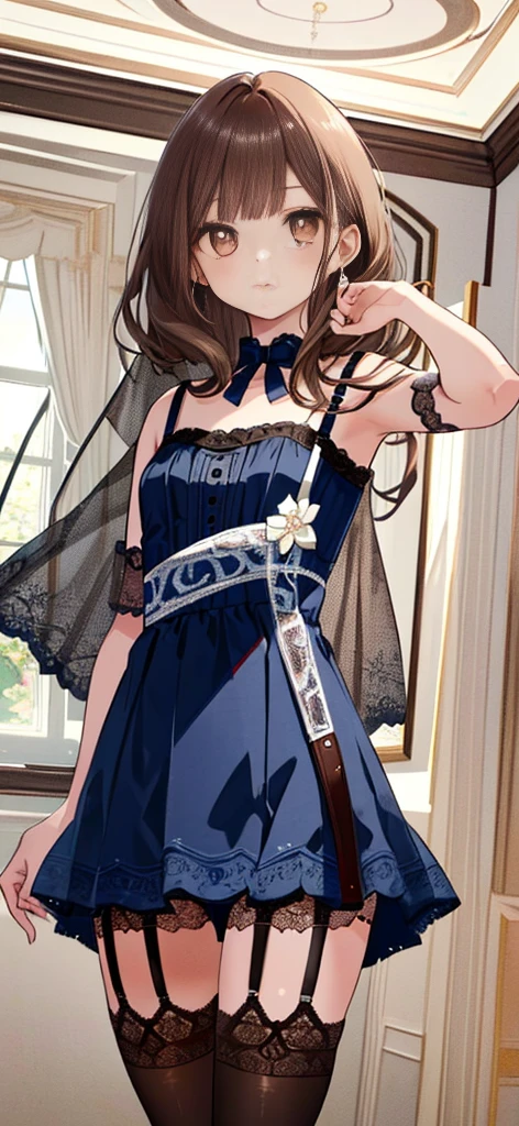 ((masterpiece)), ((best quality)), ((ultra detailed)), ((kawaii)), cute, (lovely), ((extremely detailed)), ((8K)), (beautiful), full body, luxury room, a cute girl, 1girl, solo, blue mini camisole dress,beautiful light brown hair, ((detailed beautiful brown eyes)), white-skinned, flat breast, tiny breast, garter belt,(garter stockings:1.4),pink eyeshadow