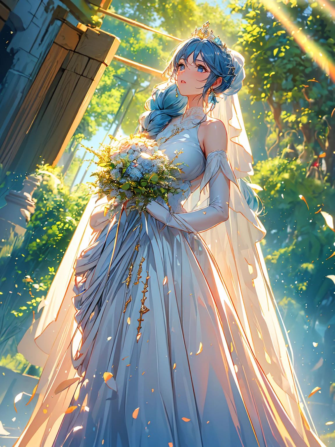 ((masterpiece, best quality, extremely detailed, absurdres)),, masterpiece, best quality, extremely detailed, (((light blue long hair))), long hair cute anime faces,detailed light,parted lips,shiny、beautiful detailed face,,longhair、(((( light blue long hair)))),,, , 1girl, solo, flat chest, blush, 1woman, solo, Someday My Prince Will Come, church, holding a bouquet, wedding dress, yearning, Stained glass, in front of the altar, turn around,, blue eyes, tiara, gold earrings, Impressionism, Dutch Golden Age painting, cinematic lighting, ray tracing, lens flare, from behind, 8k, highres, best quality, high quality, UHD, masterpiece, ccurate, anatomically correct(((Huge Puffy wedding dress))) ,((white Puffy hand glove)), ((long silky Ponytail)), (Best Quality), (Lace), close eyes