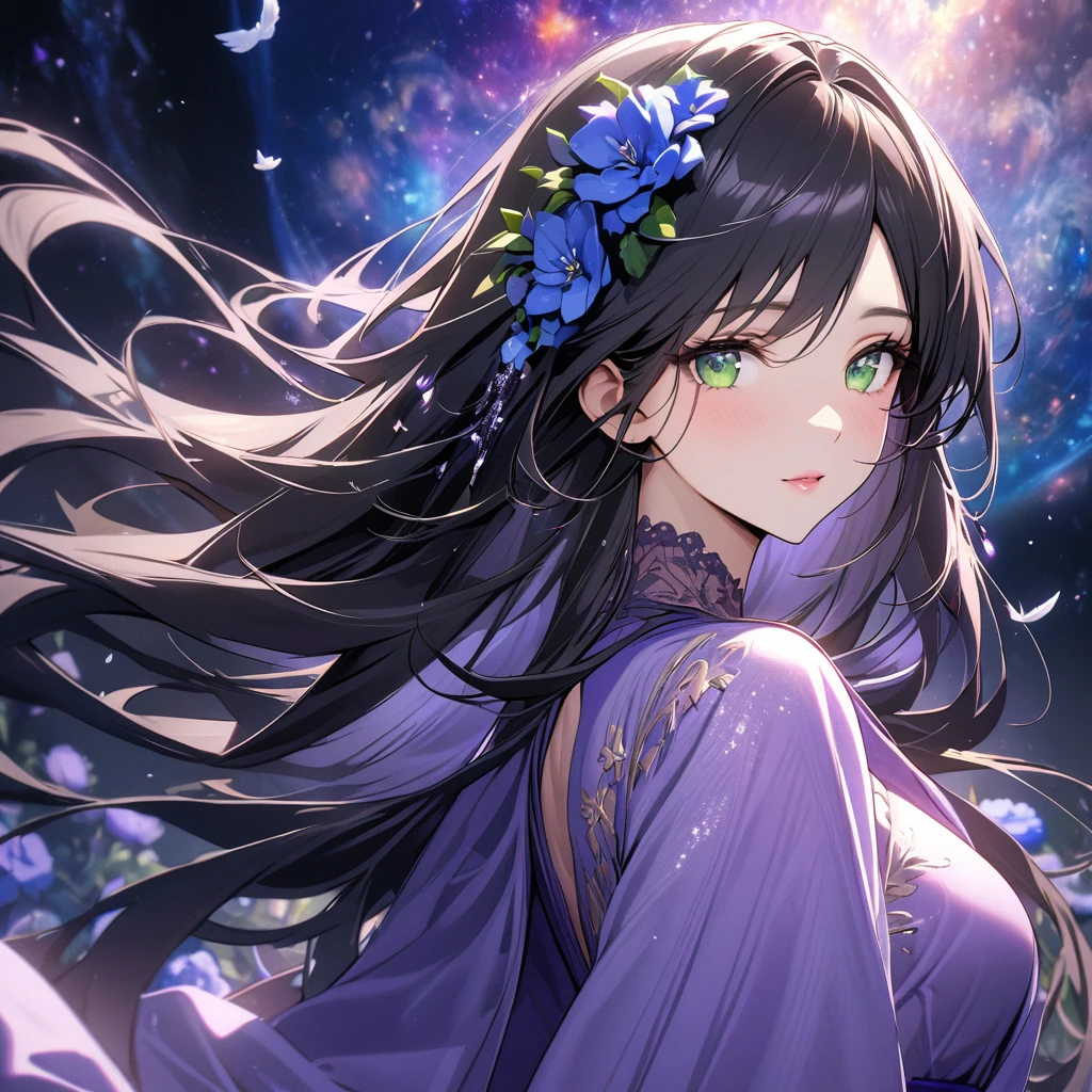 girl, beautifull, pretty, long hair, mature woman, beautiful purple dress, black hair, green eyes, super detail, blue flower on hair, gorgeous, universe backround, angel, beautiful eye, flowers, small eyes