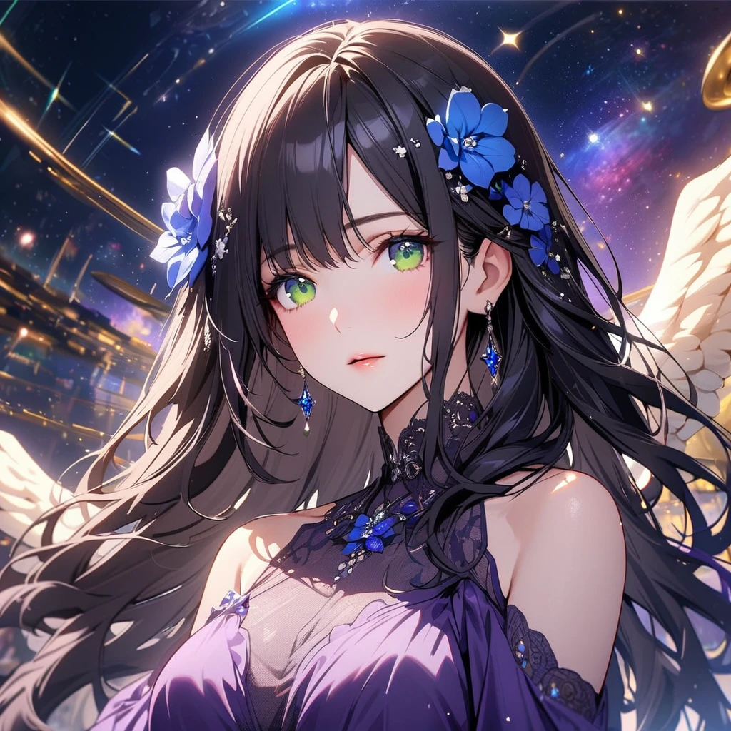 girl, beautifull, pretty, long hair, mature woman, beautiful purple dress, black hair, green eyes, super detail, blue flower on hair, gorgeous, universe backround, angel, beautiful eye, flowers, small eyes