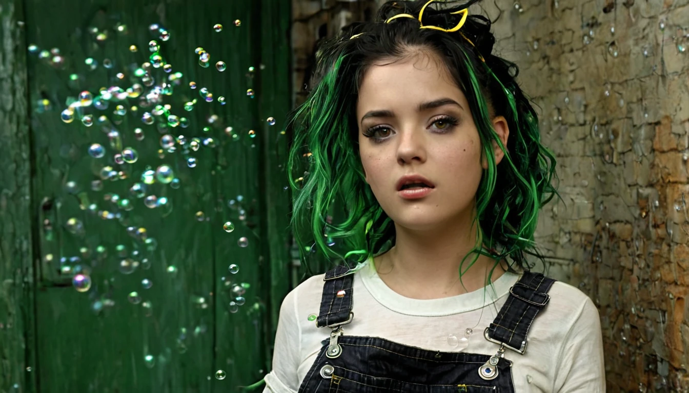  jovem admirando outra garota que chora em um milharal. Personagens :  garota jovem de doze anos, Pale. Outra garota adolescente  de cabelo escuro e roupas sujas. Roupa :  botas escuras, meias rasgadas, old overalls .  Appearance : penteado ruivo com mechas verdes e amarelas, olhos claros tristes, bochechas coradas, , Messy hair.  Luz :  pouca luz, escuro.  Detalhes :  Soap bubbles, punk, suspense.  Local : banheiro velho. Ambiente : milharal, terror, suspense, horror.   Full HD  baseado em : Delirium Endless 