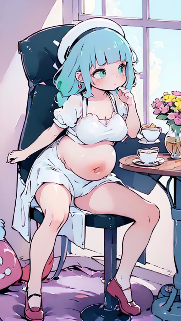 (flat:1.5),(cafe, window, sunlight, table, chair:1.5) (big ass, thick thighs:0.7), (warm light source:1.2), intricate details, volumetric lighting, Realism BREAK(masterpiece:1.2), (top quality), 4K, ultra detail, (Dynamic configuration:1.4), Very detailed and colorful details,(rainbow colors:1.2), (shining lights, atmospheric lighting), dreamy, magical, (alone:1.2), intricate details, cheeky expression, (big breasts:1.5), (green eyes:1.5), (a devastated expression, dead eyes, dark atmosphere:1.5), (darker green hair:1.5), (shoes, white dress shirt, Small hat,denim shorts:1.5), (chubby, Belly Fat:1.5), (beautiful eyes, flushing:1.5),(human ear,thin legs:1.5),(diagonal shot:1.5), (embarrassing:1.5),(dynamic angle, dynamic pose:1.5)