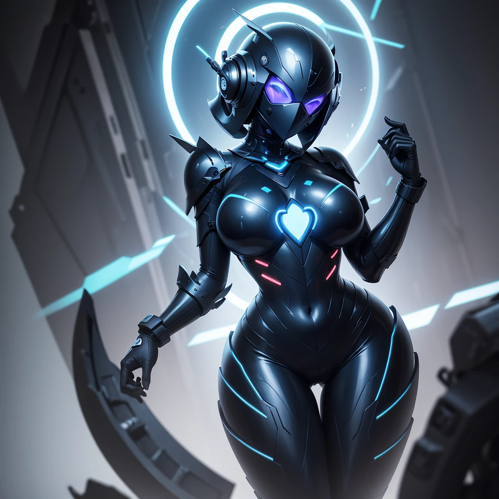 Dronificated unknown woman in a fully enclosed black latex fullbody suit with blue lights across the suit and heart shaped glowing core in the chest, fully enclosed cyber helmet that cover her whole face and hides her identity with only two glowing blue lines in it's otherwise, empty black face, huge breast, narrow waist, wide hips and thick thigs in a storage, no face, no hair, no mouth, no eyes