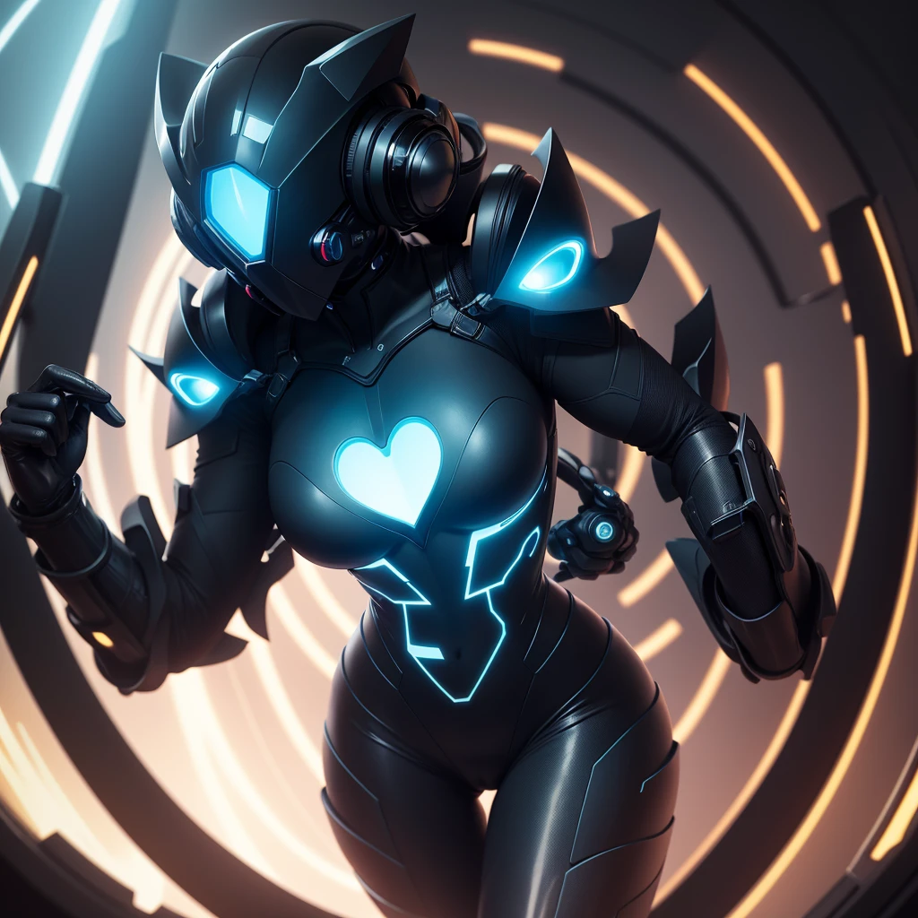 Dronificated unknown woman in a fully enclosed black latex fullbody suit with blue lights across the suit and heart shaped glowing core in the chest, fully enclosed cyber helmet that cover her whole face and hides her identity with only two glowing blue lines in it's otherwise, empty black face, huge breast, narrow waist, wide hips and thick thigs in a storage, no face, no hair, no mouth, no eyes