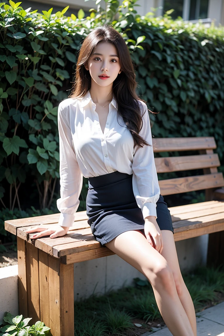 Realistic photos, Beautiful woman , Long Hair , garden , Ivy background , Sit on a flat wooden bench , Watery eyes , Dark blue mini tight skirt , Full body photo up to the feet , Respectable lower body , Large, upward-pointing breasts , White collared blouse ,