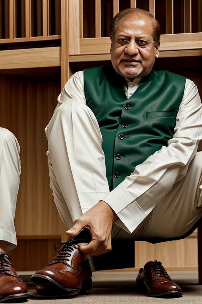 Generate picture of nawaz shareef holding shoes