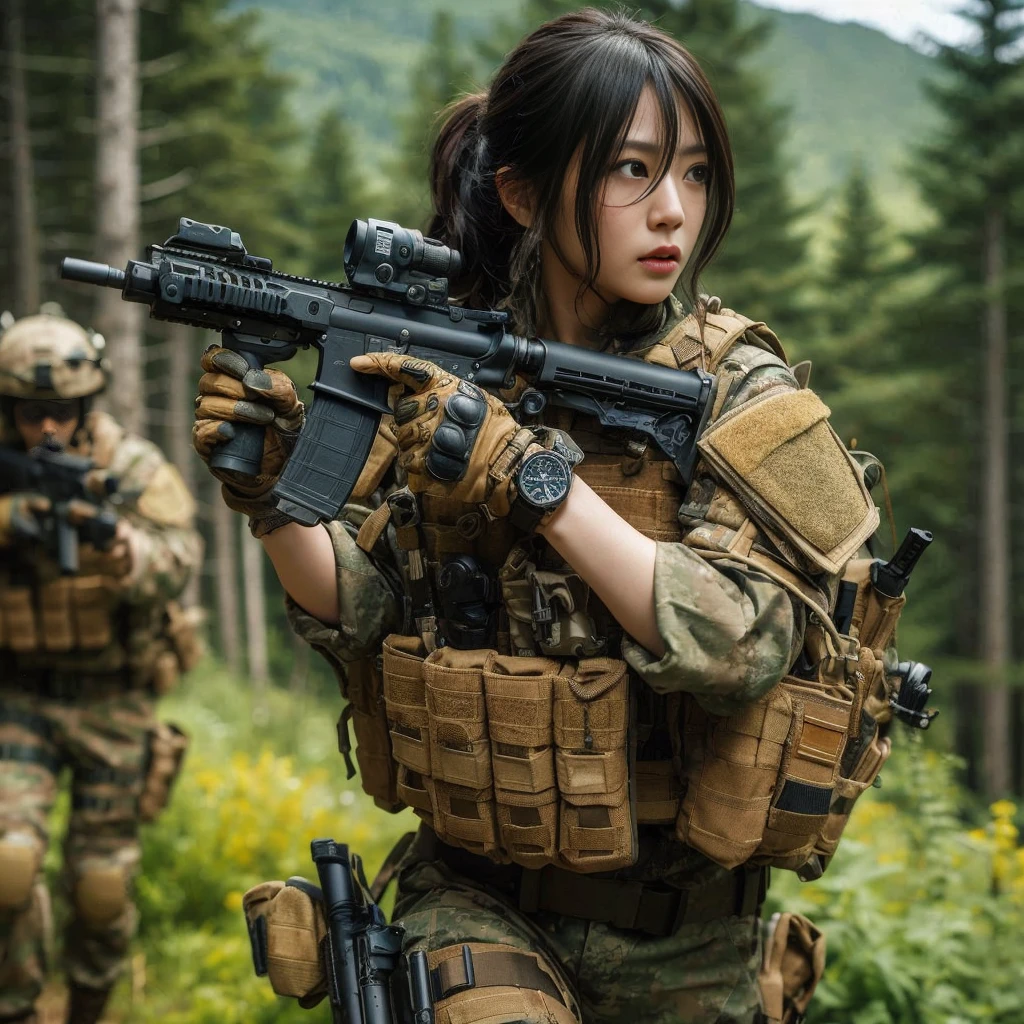 realistic military photo, 1 japanese woman in special forces, running through coniferous forest, engaged in gunfight, wearing full tactical gear, detailed equipment and accessories, bulletproof vest, wristwatch, military pants, realistic skin textures, hyperrealism, 8k, cinematic lighting, high action, giving orders, dynamic pose、