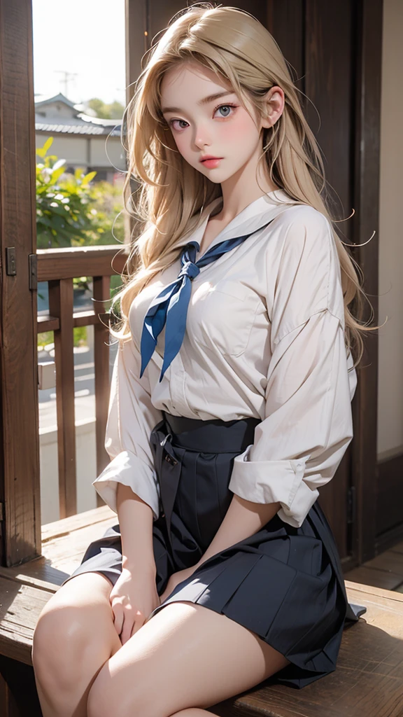A beautiful high school girl who is half French and half Japanese、Anyway, her face is beautiful、Beautiful blue eye color、Beautiful long, straight, bright blonde hair、Please wear sailor uniforms, which are typical of Japanese school uniforms.。I'm sitting and taking a class