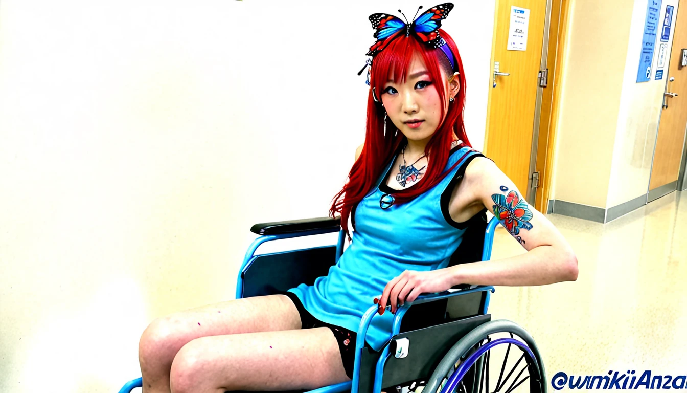 Uhd, photo of Cami, subject: Noriko, 1/2 Japanese 1/2 Hainu skinny girl with long red hair in a 2/00 large wheelchair, blue+++ eyes, oval face, LGBTQIA+, queer, punk style, dressed in colors, buttefly hairclip, tattooes. She is in the hospital, A doctor draws her blood using the noodle.
