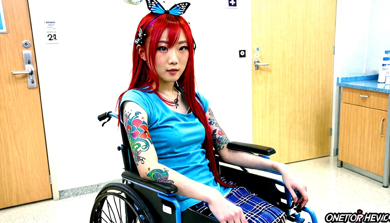 Uhd, photo of Cami, subject: Noriko, 1/2 Japanese 1/2 Hainu skinny girl with long red hair in a 2/00 large wheelchair, blue+++ eyes, oval face, LGBTQIA+, queer, punk style, dressed in colors, buttefly hairclip, tattooes. She is in the hospital, A doctor draws her blood using the noodle.