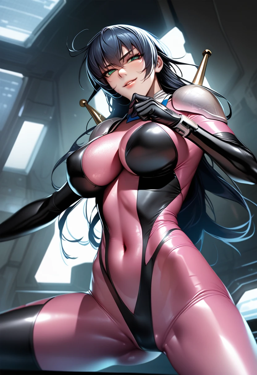 Igawa_Asagi, 1girl, long hair, hair between eyes, black hair, blue hair, green eyes,,perfect hands, perfect finger,perfect anatomy, masterpiece, best quality,realistic, hyperrealistic, 16k hdr,1girl, large breasts,erected nipples,mobile trace suit, shoulder armor,purple bodysuit,sexy pose, upper body, cockpit,from below,red blush,smile,spread legs,