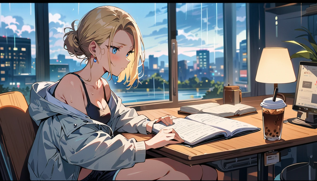 (masterpiece, best quality:1.2), solo, Android 18 from Dragon Ball, ((white slip-on crop top)), ((black dolphin shorts)), (light gray hooded crop jacket), thighs, midriff, small breasts, sweat, blonde hair, (single hair bun), ((blue eyes)), earrings on earlobes, slender feminine figure, narrow waistline, skinny body, long legs, studying, rain, cleavage, off shoulder, magnificent view, blur background, 4K, light blush, gray new balance sneakers, indoors, chill, cafe, desk, ice coffee, Stormy, window,