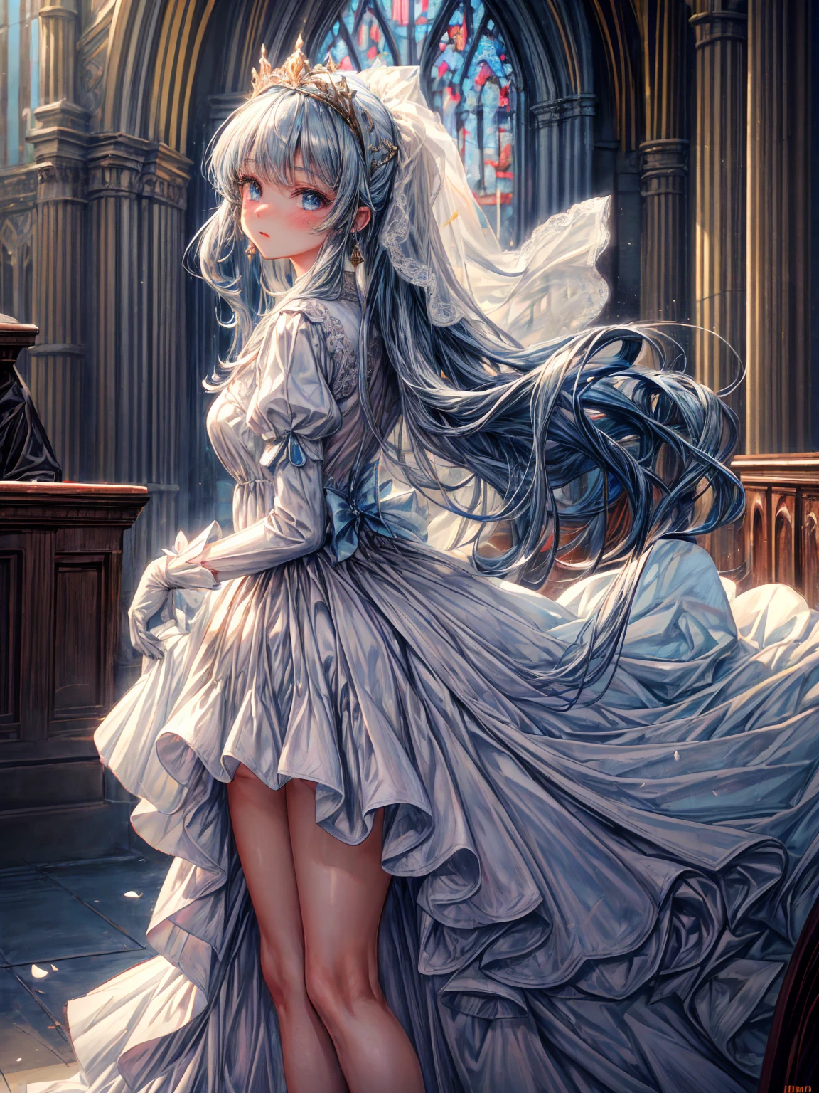 ((masterpiece, best quality, extremely detailed, absurdres)),, masterpiece, best quality, extremely detailed, (((light blue long hair))), long hair cute anime faces,detailed light,parted lips,shiny、beautiful detailed face,,longhair、(((( light blue long hair)))),,, , 1girl, solo, flat chest, blush, 1woman, solo, Someday My Prince Will Come, church, holding a bouquet, wedding dress, yearning, Stained glass, in front of the altar, turn around,, blue eyes, tiara, gold earrings, Impressionism, Dutch Golden Age painting, cinematic lighting, ray tracing, lens flare, from behind, 8k, highres, best quality, high quality, UHD, masterpiece, ccurate, anatomically correct(((Huge Puffy wedding dress))) ,((white Puffy hand glove)), ((long silky Ponytail)), (Best Quality), (Lace), close eyes