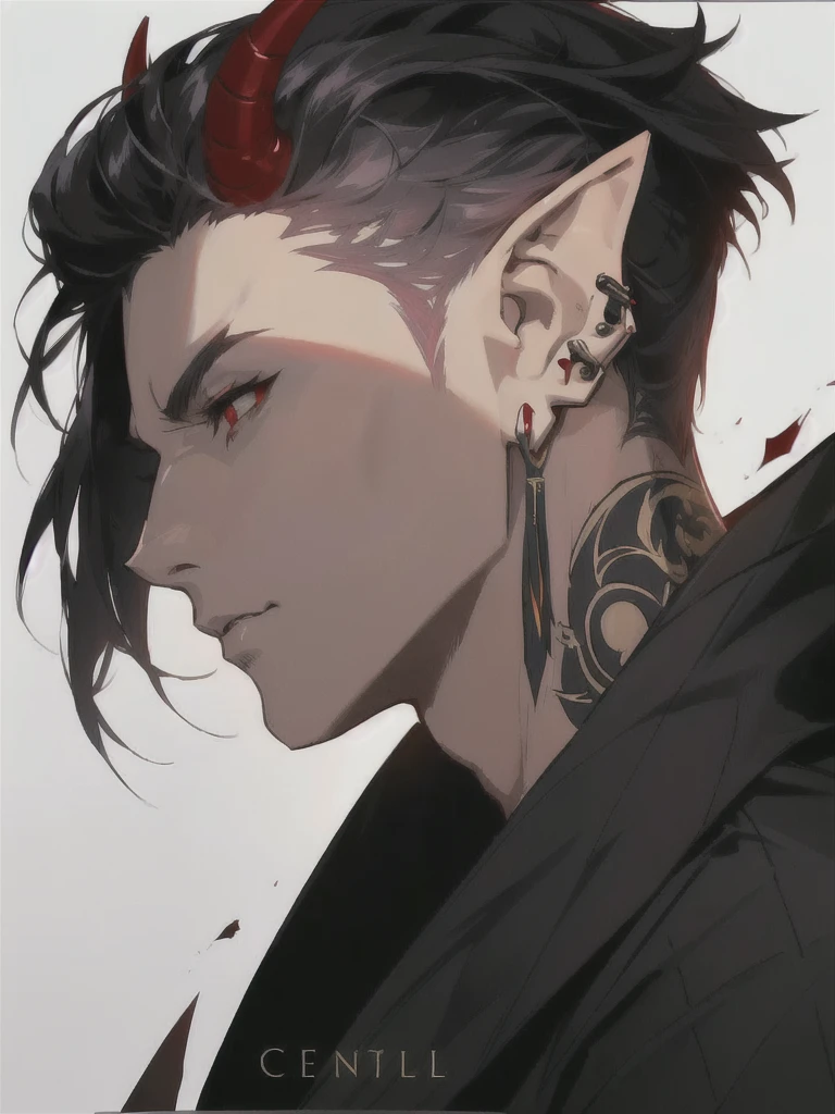 anime character with ear piercings and a black jacket, handsome guy in demon slayer art, a portrait of a male elf, handsome japanese demon boy, pale pointed ears, male anime character, a male elf, attractive humanoid, stunning anime face portrait, in the style of guweiz, demon horns, two dark red horns, two horns protruding from hair, large horns, striking appearance, masculine,  two horns sticking out from top of head, red eyes