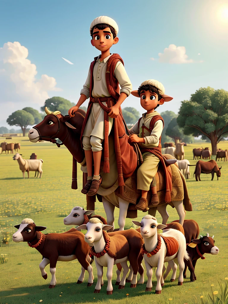 illustration of several young men in Muslim clothes carrying goats, cows and camels in a field


