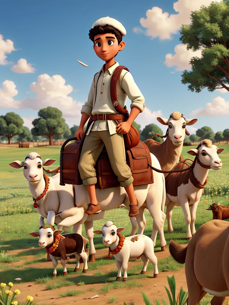 illustration of several young men in Muslim clothes carrying goats, cows and camels in a field