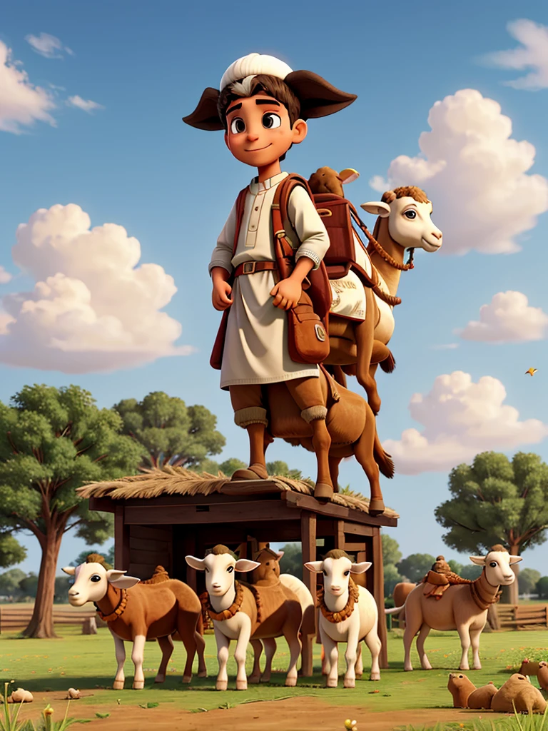 illustration of several young men in Muslim clothes carrying goats, cows and camels in a field


