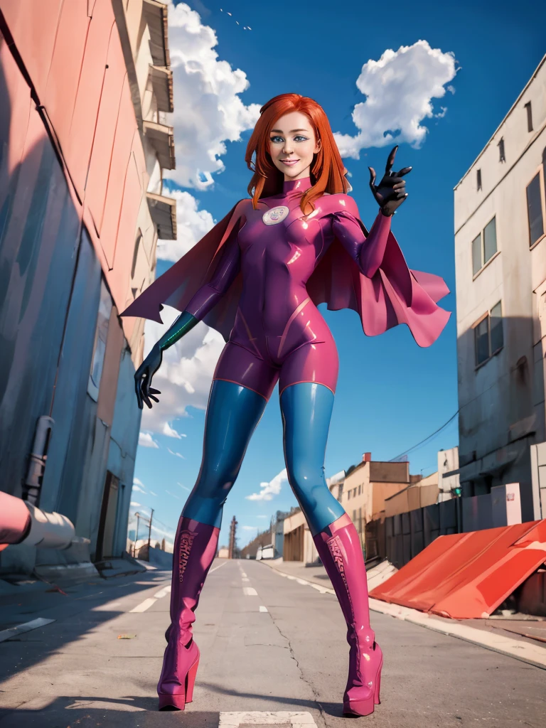 evedef, green eyes, orange hair, flowing cape, pink bodysuit, gloves, shorts, boots, looking at viewer, smiling, flying, in the air, blue sky, clouds, extreme detail, masterpiece,