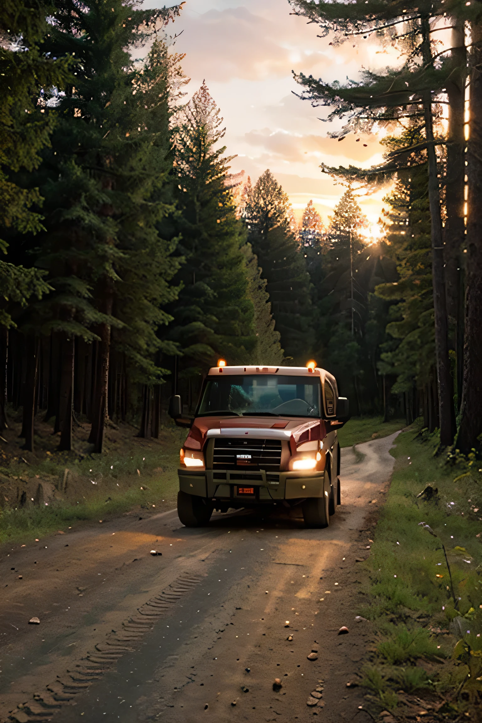 truck, forest trail, sunset, drifting, aesthetic