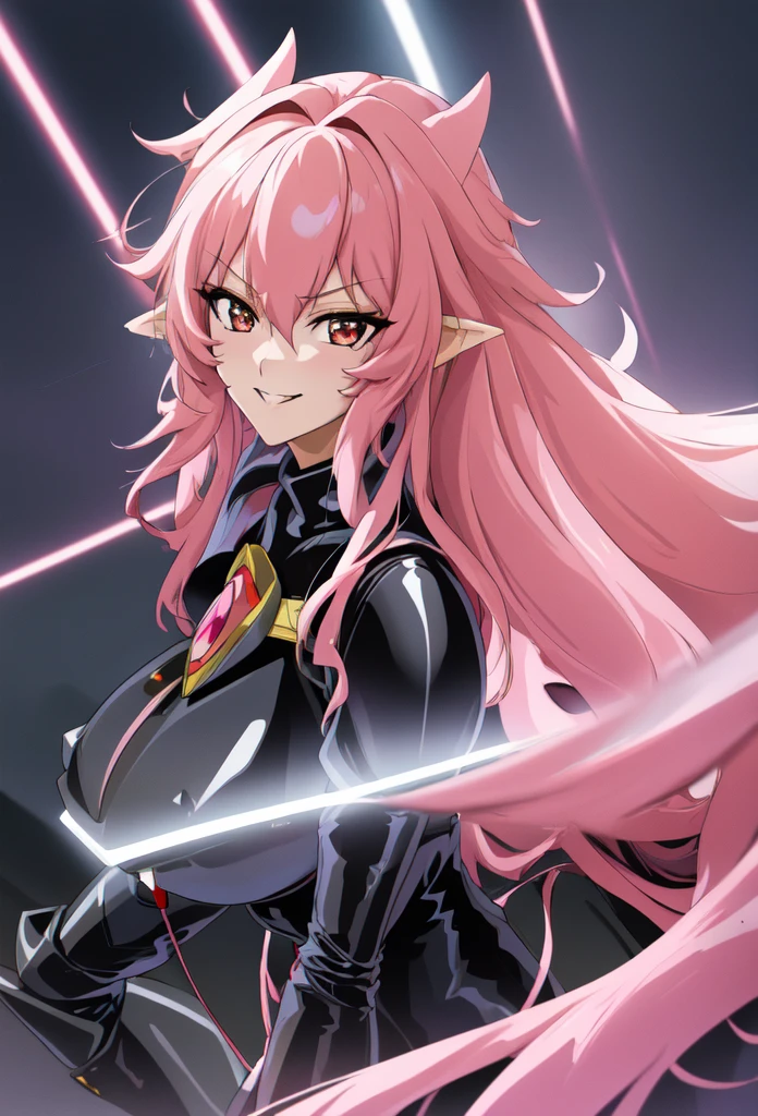 high quality, extremely detailed, perfect face, Nova, long pink hair, (black latex bodysuit), steel pauldrons, steel breastplate, long ears, evil smirk, evil laugh, medium breasts, (dark and stormy skies, lightning)(masterpiece:1.0),(Highest_quality:1.0), 超High resolution,4k,Super detailed, photo shoot, 8K, HDR, High resolution, disorganized:1.2, kodak portrait 400,raising a lightning,