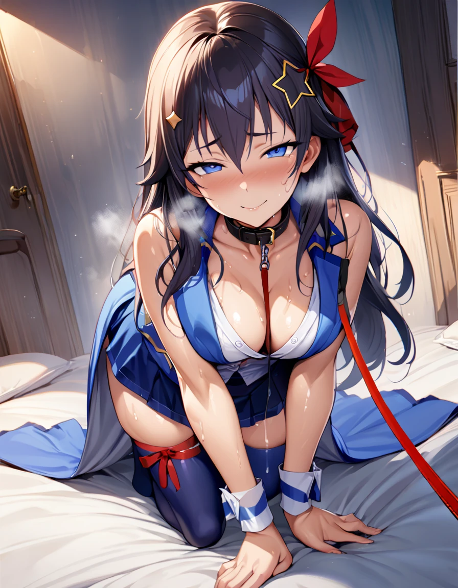 SoraBase, long hair, star hair ornament, hair ribbon, blue eyes, blue vest, sleeveless shirt, red ribbon, navel, wrist cuffs, blue skirt, blue thighhighs, thigh ribbon, waist cape,aged up,,,,(masterpiece),(best quality),(ultra-detailed),(best illustration),(best shadow),(absurdres),(detailed background),(very aesthetic),1girl,dim lightning,in bedroom,organy,lookt viewer,in heat,,heavy breath,shiny skin,sweat,,,,looking at viewer,,open shirt,cleavage,skirt sy juice,(all fours,ing),leash,collar,(leash pull,viewer holding leash),from above,, teary-eyed, , half-closed eyes,shy smile,