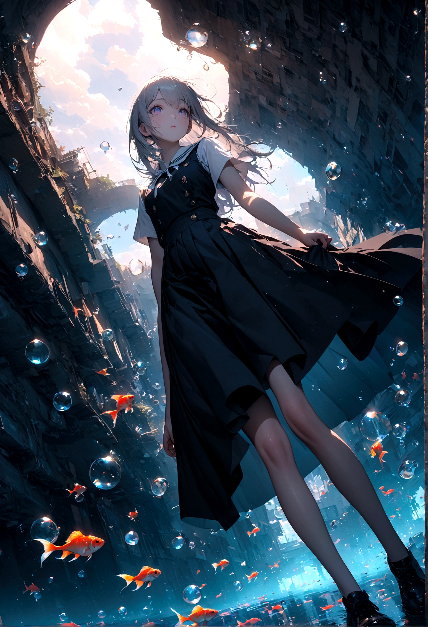 woman\(student, 15 years old, ＪＫ, Short silver hair floating, Space-colored eyes, school black uniform, Pale skin, Tired face、lack of shine in the eyes\) Looking up at the sky, Many cute little goldfish with shining red scales are swimming in the air, Transparent bubbles, like those in water, sparkle here and there in the sky., Beautiful sky, Beautiful Clouds, there are puddles at ground and the landscape is reflecting beautifully, Looking up at the wide sky from the cramped back alleys of the slums, Summer flowers are blooming everywhere, I see the wind blowing and shining, There is a noon moon and a noon star in the sky,From below, break ,quality\(8k,非常に精細なCGユニットのwallpaper, masterpiece,High resolution,top-quality,top-quality real texture skin,Surreal,Increase the resolution,RAW Photos,最高quality,Very detailed,wallpaper,Cinema Lighting,Ray-tracing,Golden Ratio\),(Long Shot),landscape,