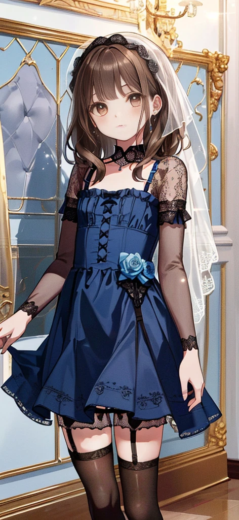 ((masterpiece)), ((best quality)), ((ultra detailed)), ((kawaii)), cute, (lovely), ((extremely detailed)), ((8K)), (beautiful), full body, luxury room, a cute girl, 1girl, solo, blue mini camisole dress,beautiful light brown hair, ((detailed beautiful brown eyes)), white-skinned, flat breast, tiny breast, garter belt,(garter stockings:1.4),pink eyeshadow