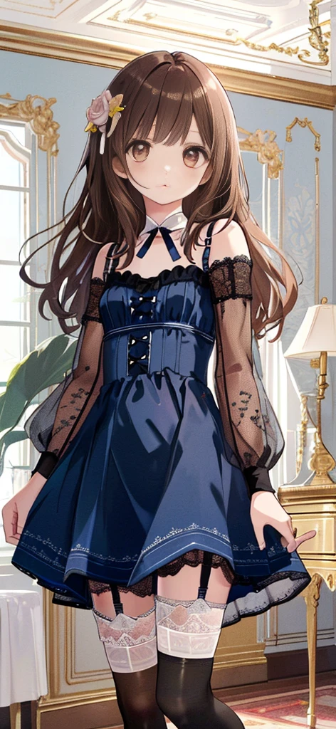 ((masterpiece)), ((best quality)), ((ultra detailed)), ((kawaii)), cute, (lovely), ((extremely detailed)), ((8K)), (beautiful), full body, luxury room, a cute girl, 1girl, solo, blue mini camisole dress,beautiful light brown hair, ((detailed beautiful brown eyes)), white-skinned, flat , tiny , garter belt,(garter stockings:1.4),pink eyeshadow