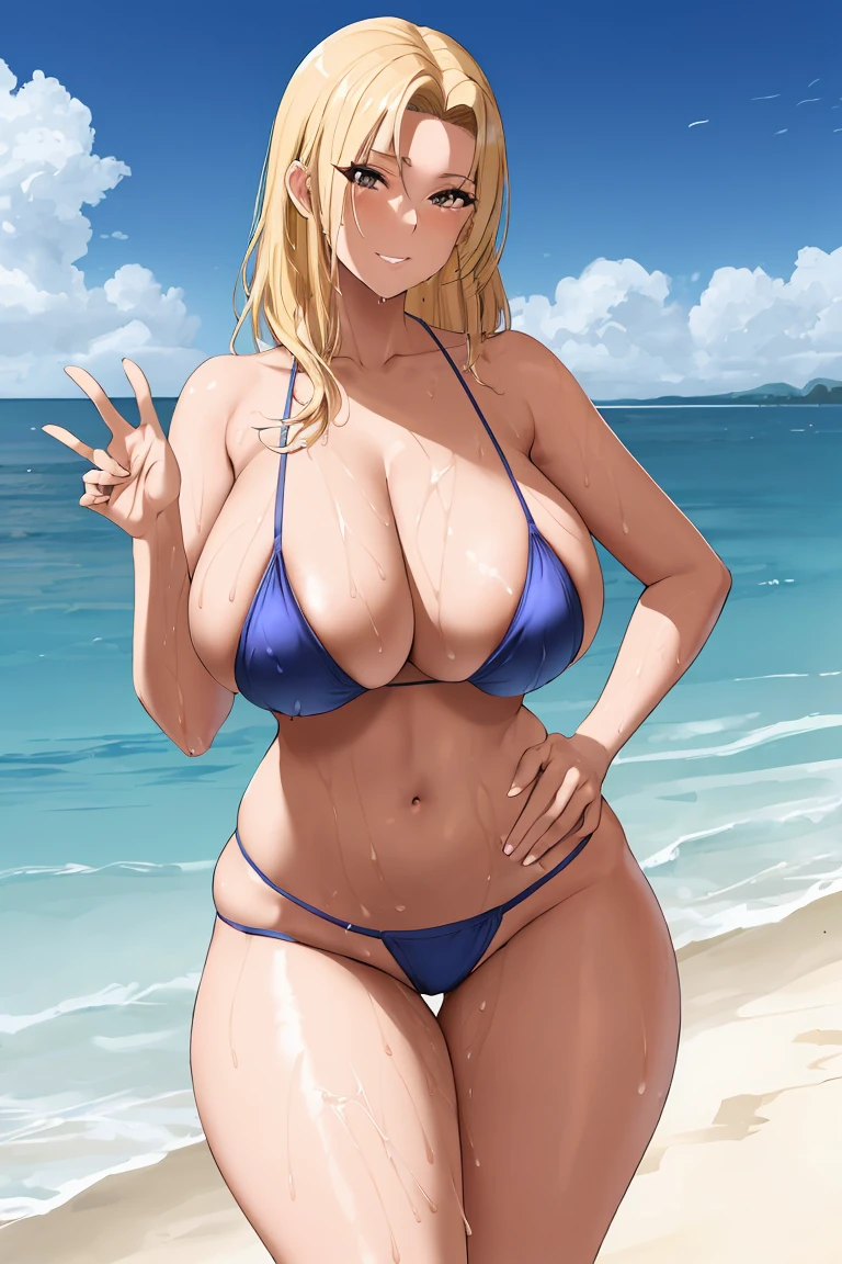 Ino yamanaka, lingerie, thin bikini, thick thighs, posing, beach,  blonde Hair, busty, wide hips, big breasts , naughty, solo, wet, milf