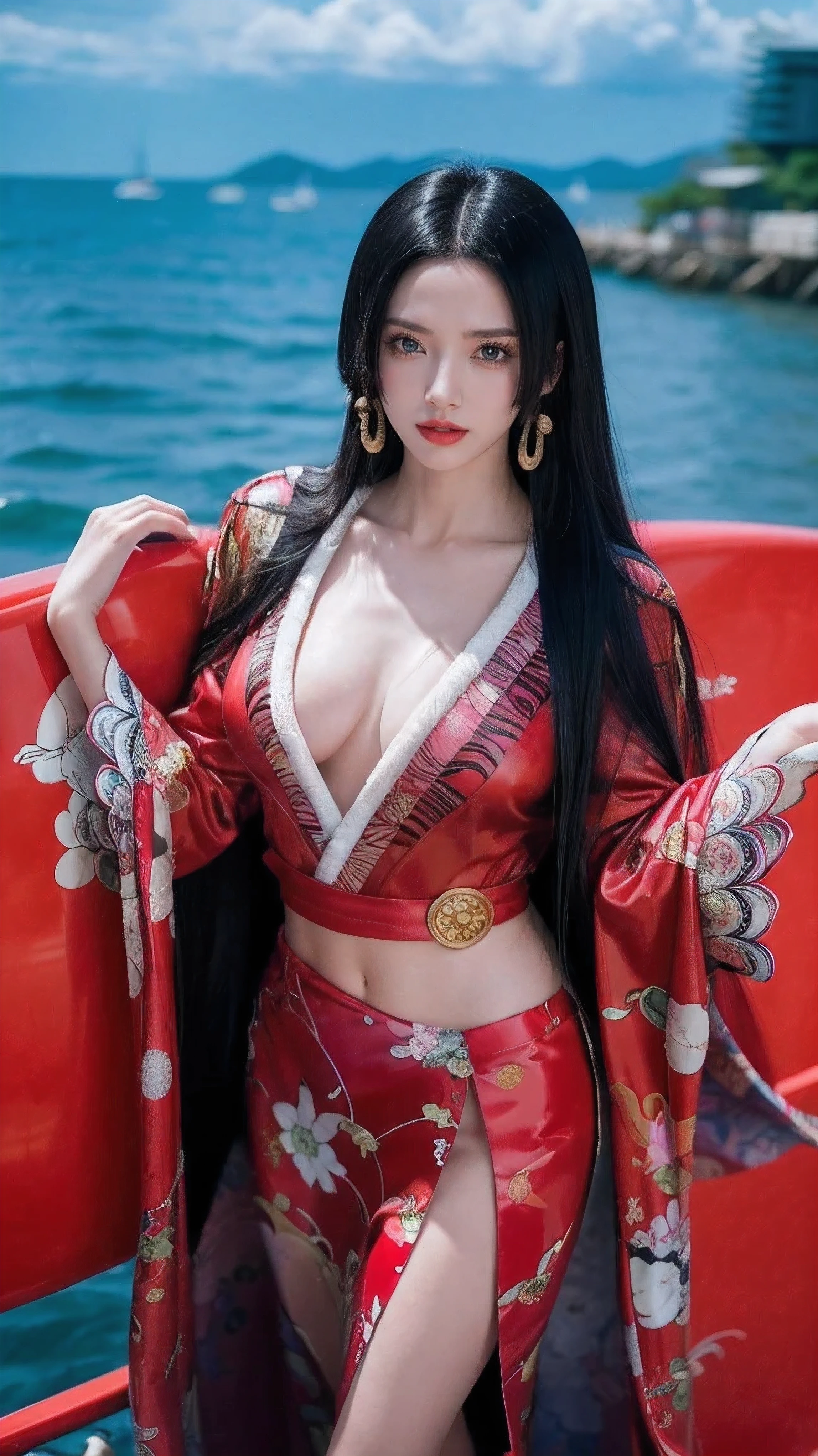 a person with long hair, red kimono, boa hancock, boa hancock from anime one piece, as an anime character, perfect anime face, she has black hair with bangs, female anime character, anime character, anime best girl, hime cut hairstyle, black hair, (red glossy lips:1.3), blue eyes, smile, sea background, (beautiful face:1.3)