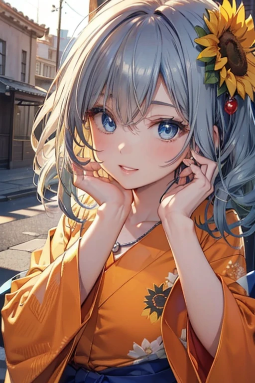 #Basics A girl is posing for a photo, animeのかわいい女の子, (((One Girl, Baby Face, 16 years old))),
BREAK
#Clothing Accessories
(Orange yukata : Sunflower pattern + Blue band + Long sleeve + Wide sleeves, geta, fan),
(big silver necklace, Silver earrings, Hair clip),
BREAK
#Features
(Green Hair:1.4, Chest-length sideburns:1.4 + Curly hair:1.4, Chignon Hair),
(Droopy eyes,blue eyes), (Small breasts),
BREAK
#expression
(smile),
#background environment
((noon, Sunshine + shrine + Rural landscape)),
#composition
(Face the viewer:1.4, Aggressive Pose:1.4, whole body:1.4),
BREAK
#Body parts elements
(Beautiful Hair,Shiny Hair),
(double eyelid, Long eyelashes),
(Expression of fine eyes, Beautiful and delicate eyes, Sparkling eyes, Eye Reflexes),
(Human Ear),
(Beautiful Nose, Thin Nose),
(Glossy lips, Beautiful Lips, Thick lips), (Symmetrical facial features),
(Detailed skin, Textured skin, Beautiful Skin),
BREAK
#Quality
(((Highest quality)), ((masterpiece)), ((Very detailed))), ((High resolution), (16k,1080p)),
(Realistic), (Anatomically correct),
((comics, anime)), (3DCG), CG illustration,