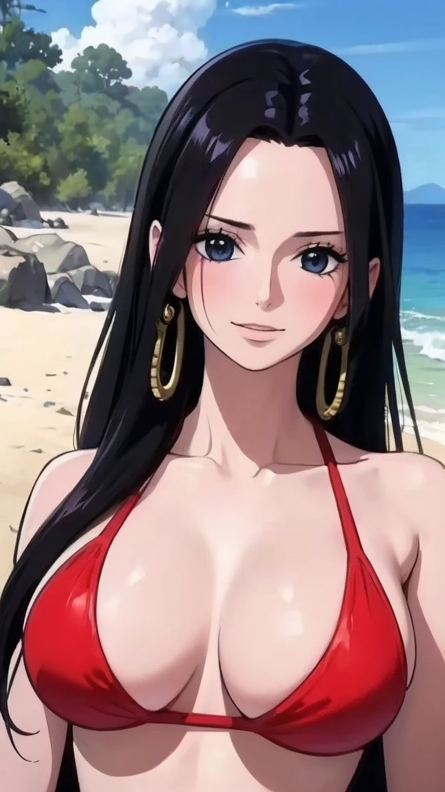 best quality, masterpiece, highly detailed,1girl, (detail light), Boa Hancock,, (masterpiece:1.5), Detailed Photo, Smiling,(8K, Photorealistic, Best Quality: 1.4), (1girl), Beautiful Face, (anime realistic Face), (Black Hair, long Hair: 1.3), Beautiful Hairstyle, Realistic eyes, beautiful detail eyes, (realistic skin), beautiful skin, absurd, attractive, ultra high resolution, ultra realistic, high definition, beach background, large breasts, red bikini