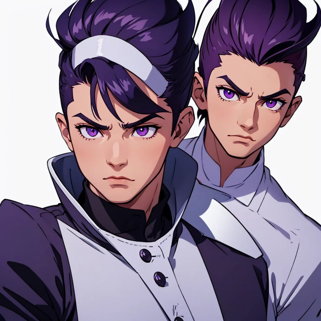 anime style, anime art, 1 man, male masculine, muscular, wide face, square face structure, squared off jaw, wide face, wide jaw, pointy square jaw, pointed jaw, longer hair on top then on sides, very short hair on sides of head, shortest hair on sides of head, buzzcut on sides of head, shortest hair on sides of head, 2 inches of hair top of head, longer short head on top of head, pointy hair, flowy hair, spiked hair, black hair, pointy eyebrows, stern look, purple eyes, pointy eyes, pointy nose, thin lips, imposing, intimidating, impressive