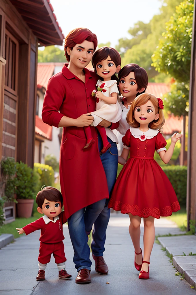 happy family, roupas vermelhas, fundo preto