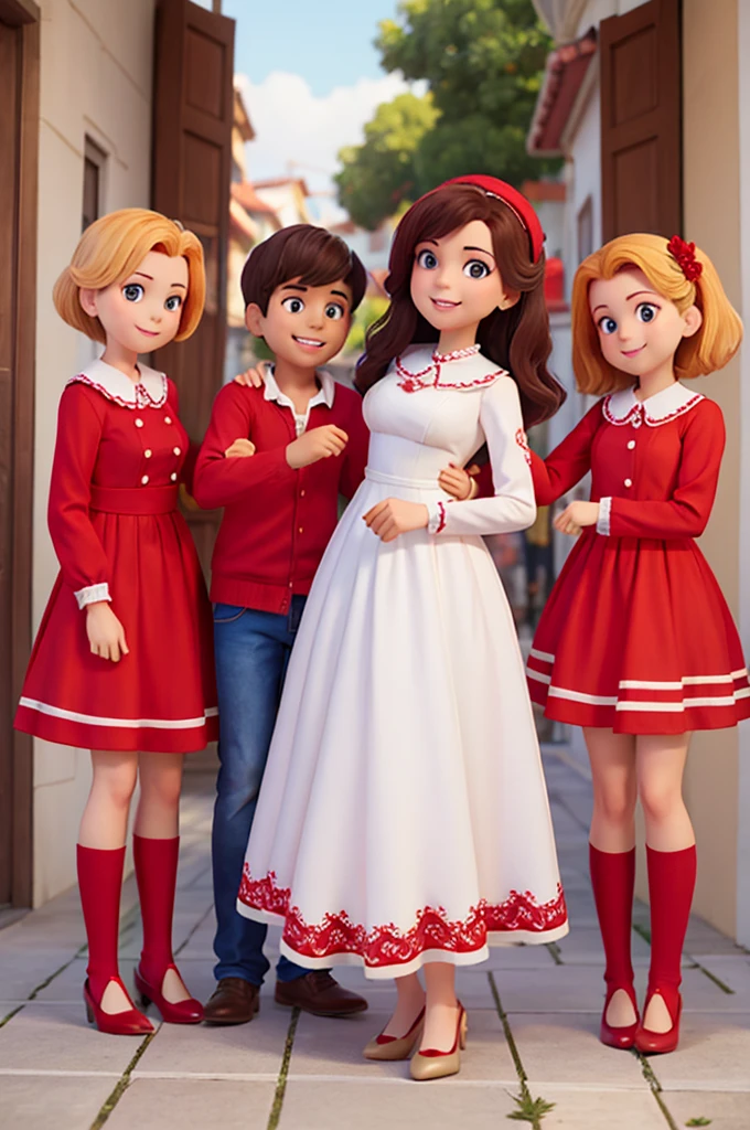 happy family, roupas vermelhas, fundo preto