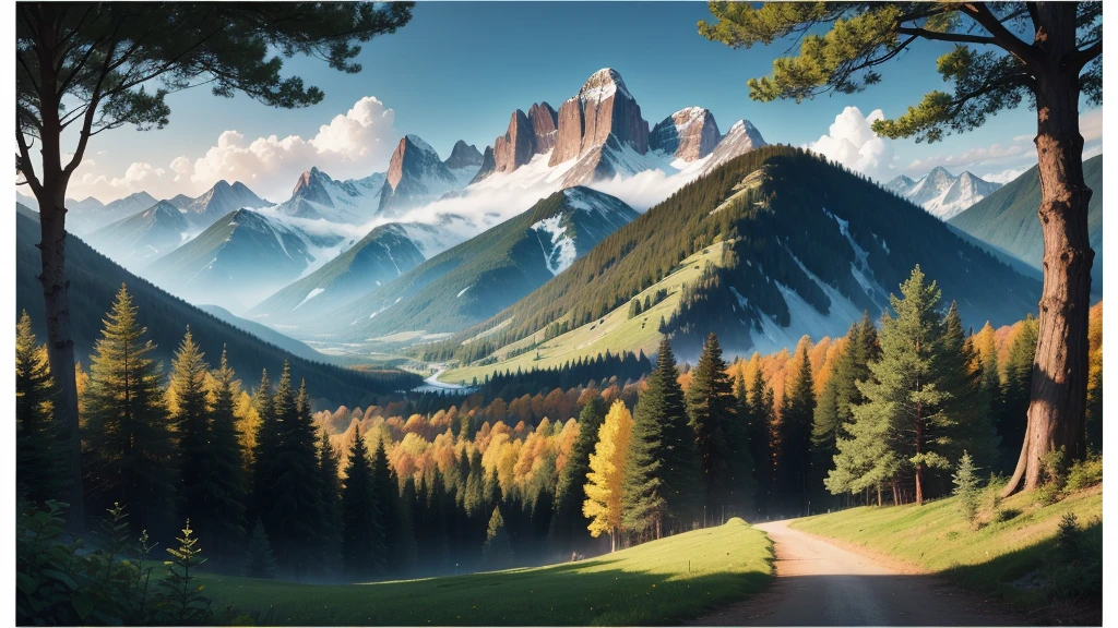 (Different world scene,forest),summer,towering,Intensive,Mountains in the distance,Spectacular