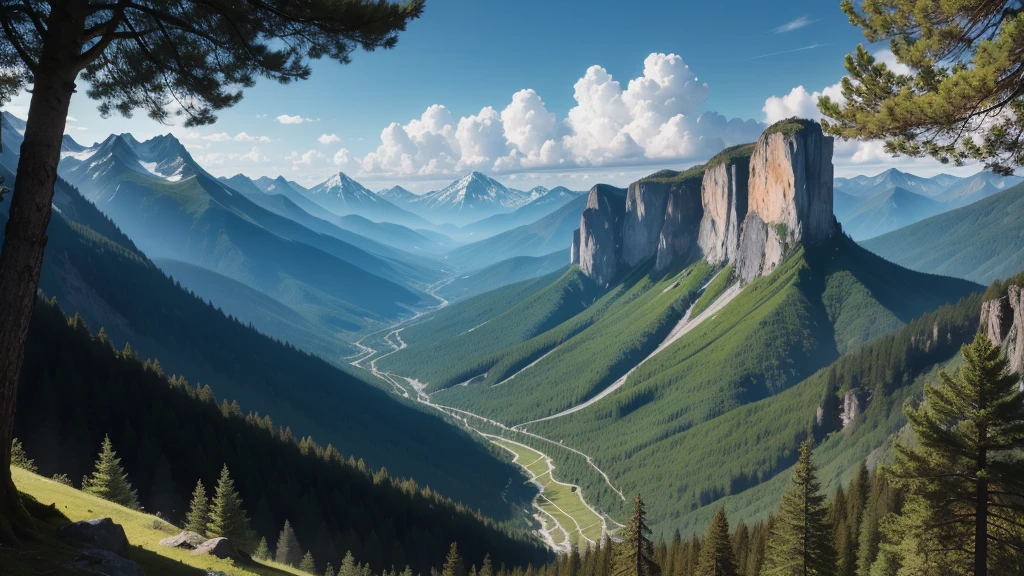 (Different world scene,forest),summer,towering,Intensive,Mountains in the distance,Spectacular