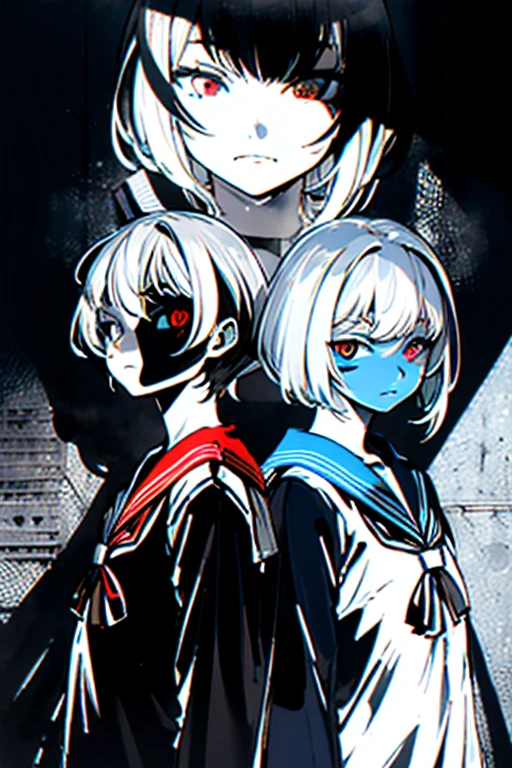 v5lcn style, Black and Red,One Girl,(short hair),Highly detailed eyes,Highly detailed face,Very fine hair,8k,masterpiece,Highest quality,(Left and right split theme:0.7),Without gaps,Heterochromia iridis,2 tone hair:1.2,(Chiaroscuro:1.2),(On the left are black hair and red eyes,On the right are white hair and blue eyes:1.2),(Sailor suit:1.2),The face is clean,Eyes shining in the shadows,(vulcan style:1.2),Same person on both sides,front