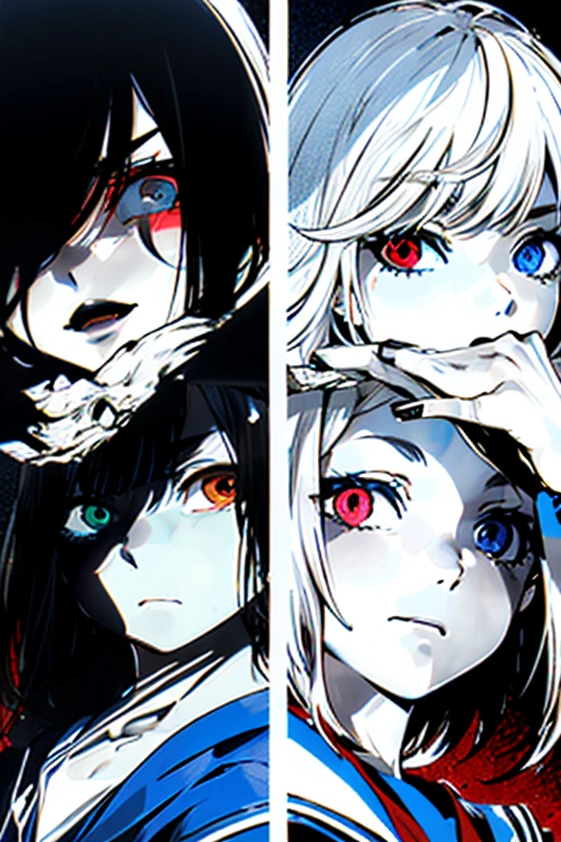 v5lcn style, Black and Red,One Girl,(short hair),Highly detailed eyes,Highly detailed face,Very fine hair,8k,masterpiece,Highest quality,(Left and right split theme:0.7),Without gaps,Heterochromia iridis,2 tone hair:1.2,(Chiaroscuro:1.2),(On the left are black hair and red eyes,On the right are white hair and blue eyes:1.2),(Sailor suit:1.2),The face is clean,Eyes shining in the shadows,(vulcan style:1.2),Same person on both sides,front