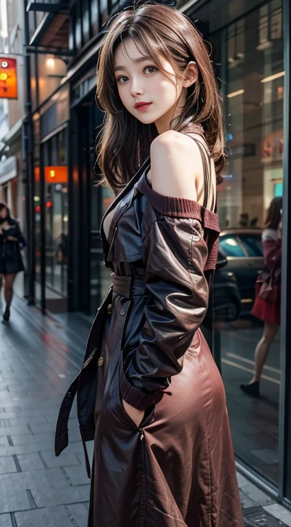 Bust photo，Gray Hair，Burgundy sweater，Super long hair，Exposed shoulders，Black trench coat