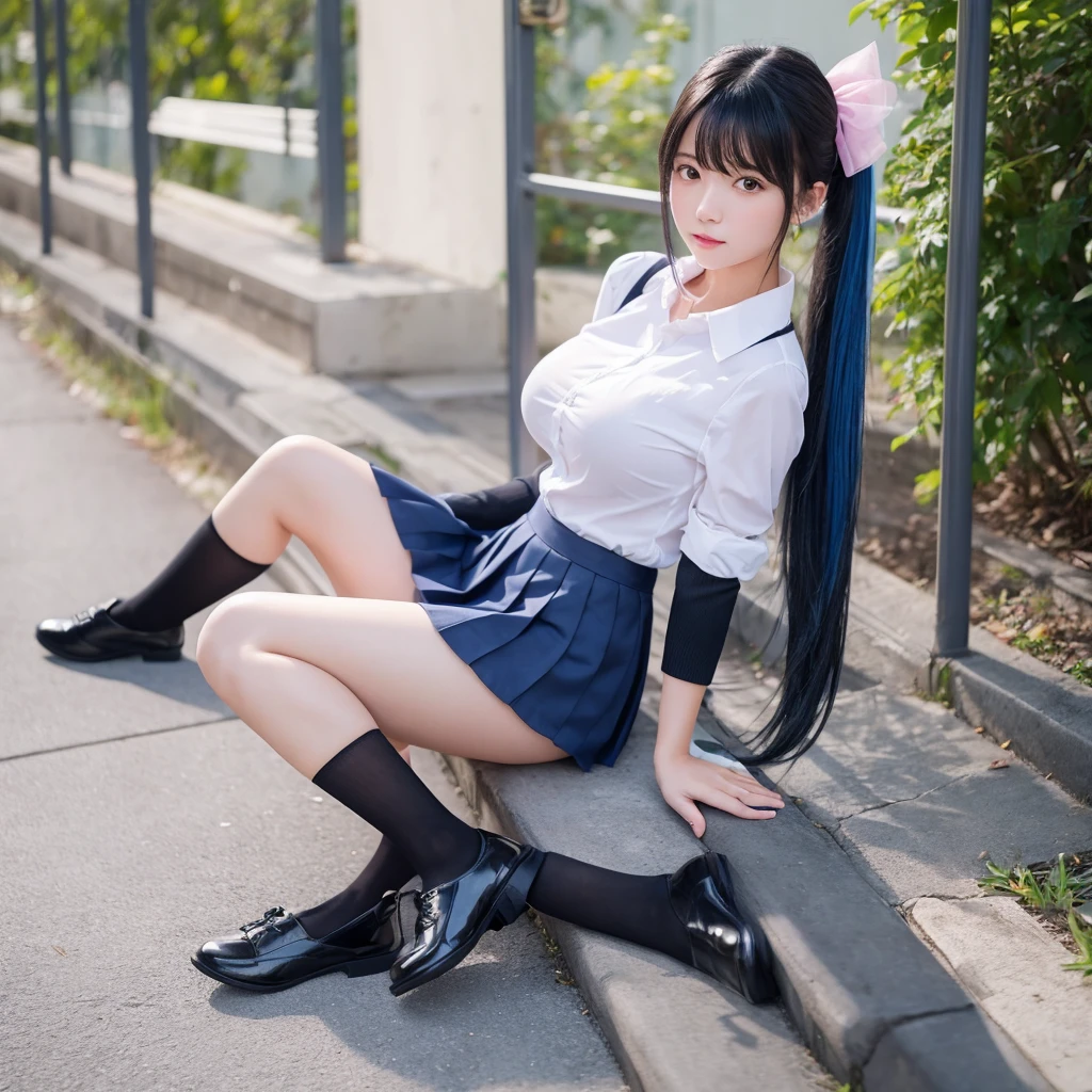 excellent work、HD analysis、Highest level of image quality、full-body shot、16K、reality、1 girl、student、18 years old、Energetic、student、Japanese school uniform、JK uniform、White shirt、Pink skirt、(Soft saturation:1.3)、(Light blue:1.2)、Full body facing the camera、F/8.0 aperture、Character Close-up、Black hair、Double ponytail hairstyle、Silky hair、Blue hair ribbon、(extremely huge breasts:4.0)、Full breasts、Filled with clothes、Show your legs、Smooth legs、black stockings、whole legs、Black leather shoes