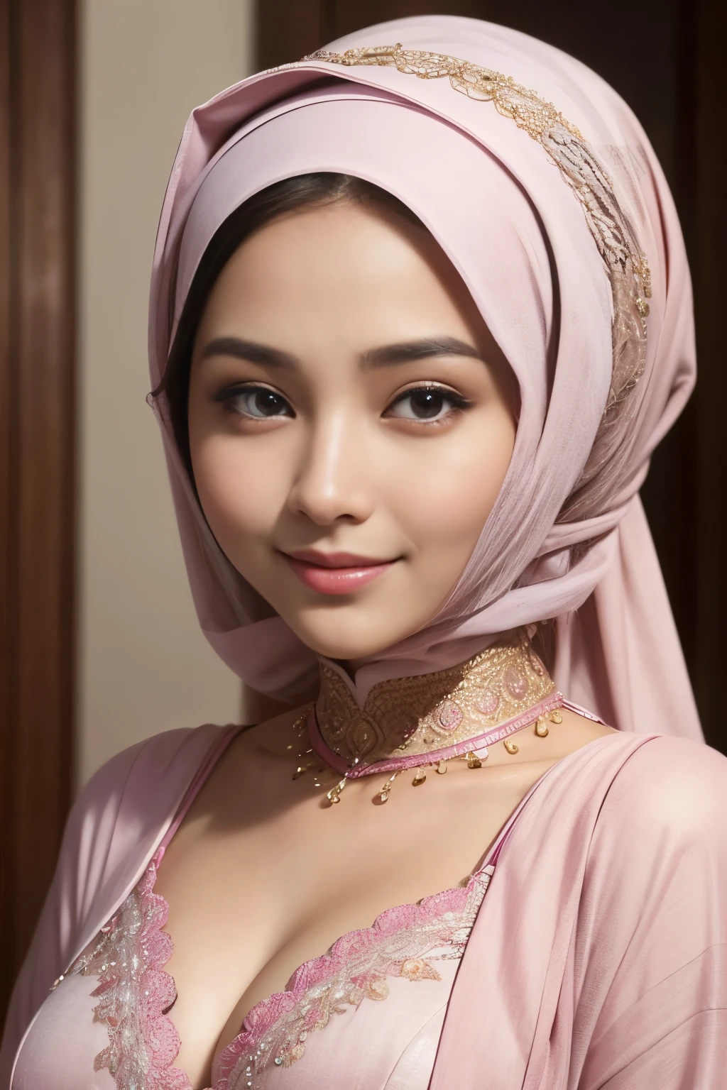 hot pink, cleavage, hijabi, Absurd, ultra-detailed, high quality, masterpiece, detailed face, beautiful eyes(detailed eyes), javanese, gentle and graceful, face exudes warmth and kindness, eyes described as soft and comforting, gentle and steady gaze, overall appearance is simple and modest, The fabric of her garments is usually depicted as soft and earth-toned, beauty lies not in extravagant adornments, Her smile is serene and welcoming